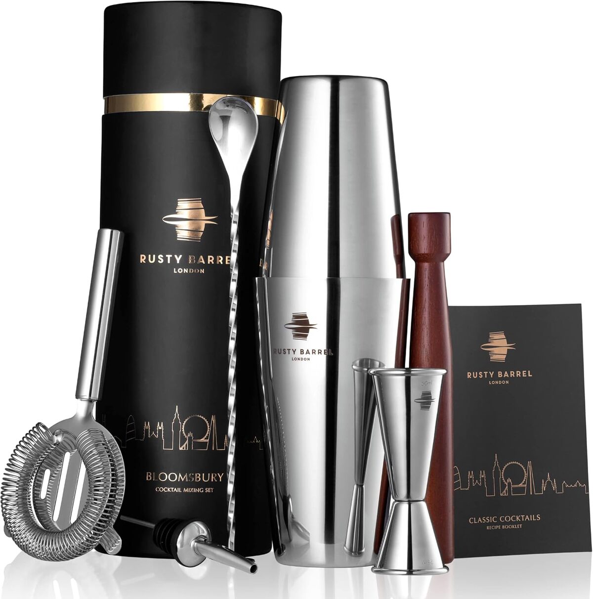 Test du Kit Cocktail Rusty Barrel Bloomsbury : shaker Boston et accessoires de bar complets