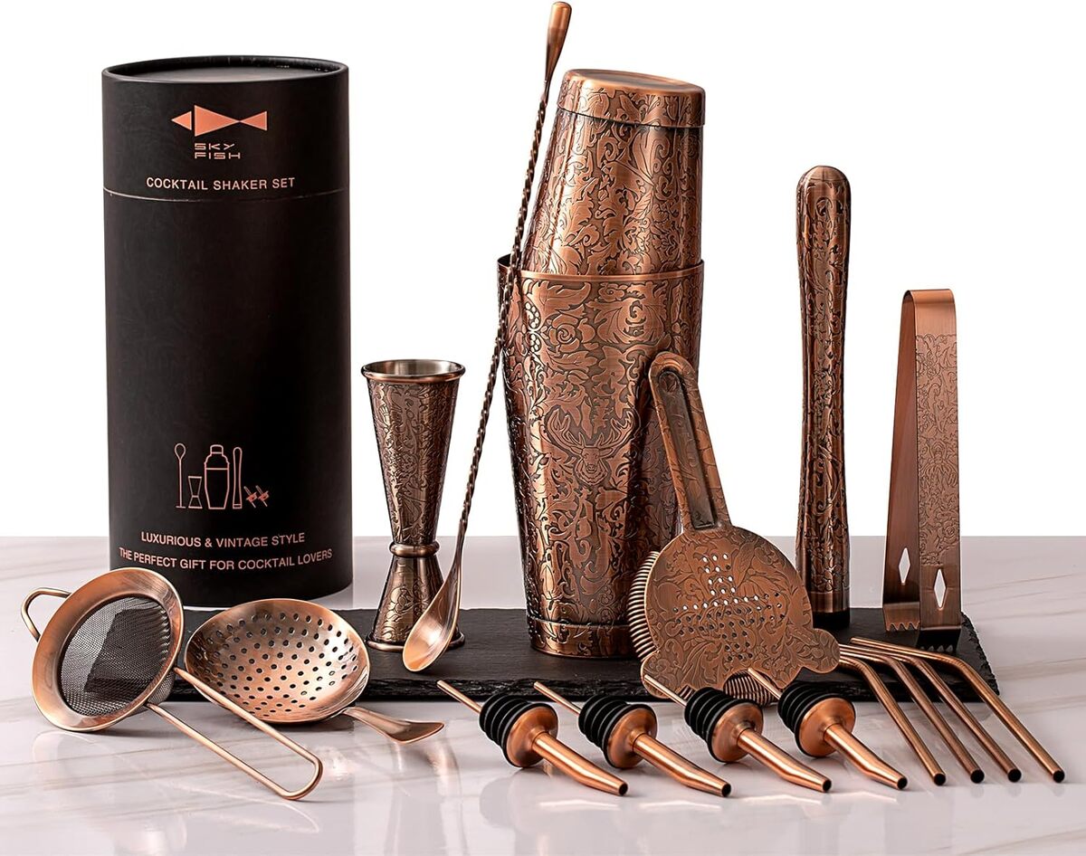 Test du shaker à cocktail Boston Sky Fish : ensemble 18 pièces en cuivre antique