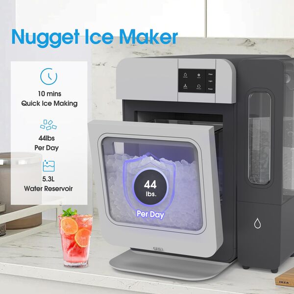 VECYS Nugget Machine à glaçons de comptoir avec réservoir latéral, capacité de fabrication de glace quotidienne de 15 kg, machine à glaçons portable avec fonction autonettoyante, gris