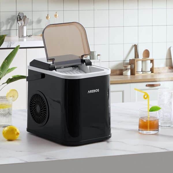 Arebos Machine à glaçons | Ice Cube Maker | 12 kg / 24 h | 10-15 minutes de production | Réservoir d'eau de 1,1 litre | Machine à glaçons | Silencieuse | Fonction autonettoyante | Noir
