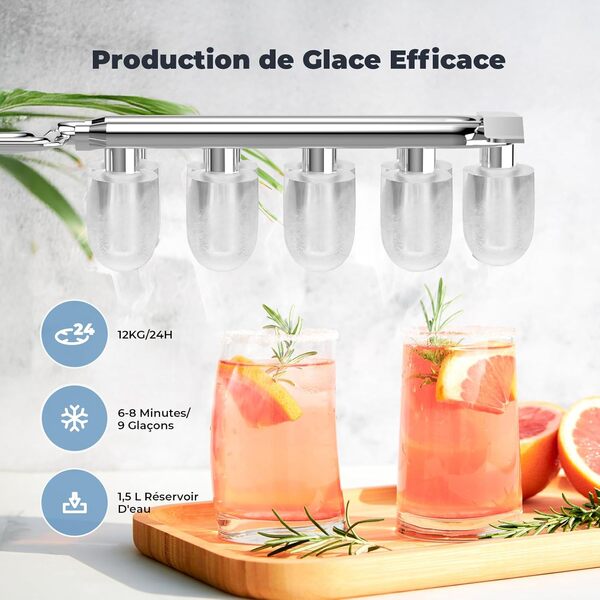 Machine à Glaçons, 12kg en 24h, Acmeenjoy Machine a Glacons avec Cuillère à Glace, 9 Glaçons en 6-8 Minutes, Machine a Glaçons Autonettoyante et Portable pour Camping/Maison/Cuisine