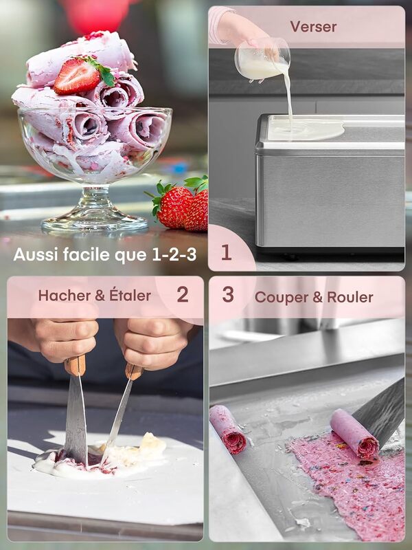 FOHERE Machine à Glace Roulée avec 2 Grattoirs, Ice Roll Plaqueen, Rouleau de Crème Glacée Douce en Seulement 3 Minutes, Fonctionnement à une Touche, Pour Ménage, Café et Desserts