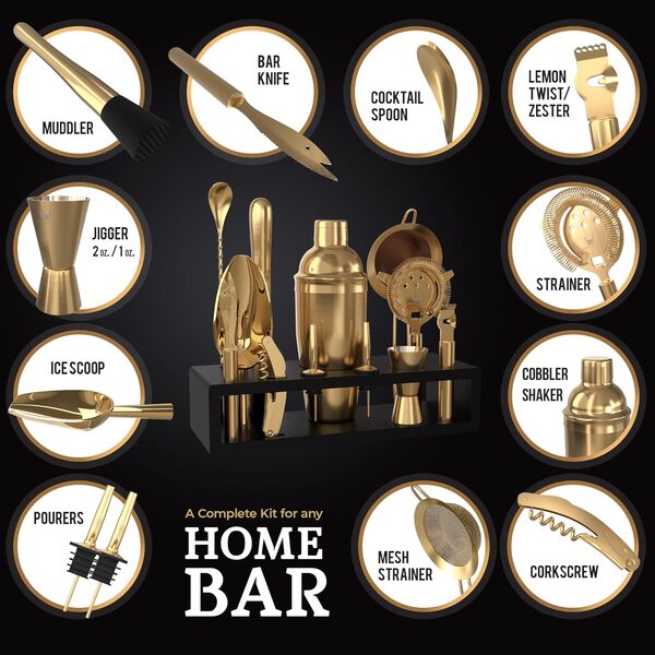 Highball & Chaser Kit de Barman avec Support en Bambou pour Expresso Beau Ensemble Cobbler Shaker à Cocktail avec Outils de Bar en Acier Inoxydable antirouille (Or Mat)