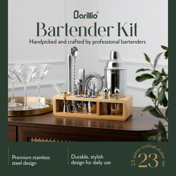 barillio Elite Mixology Kit Shaker à Cocktail Ensemble mélangeur de Boissons avec Outils de Bar, Support en Bambou élégant, Sac de Transport en Velours et livret de Recettes