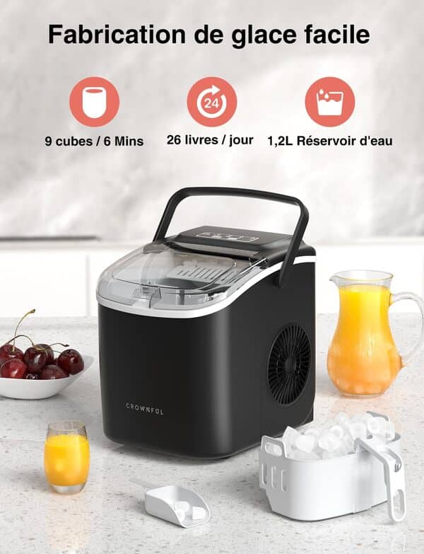 CROWNFUL Machine à Glaçon, 12kg en 24h, 9 Glaçons en 6 Minutes, Portable Machine a Glacons avec Capteur Infrarouge et Autonettoyant, Idéale pour Maison, Cuisine, Bureau, Bar, Fête