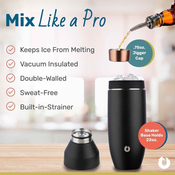 Snowfox Shaker à cocktail isotherme en acier inoxydable de 650 ml et 4 verres à martini, accessoires de bar à domicile, couvercle anti-fuite avec doseur et passoire intégrée