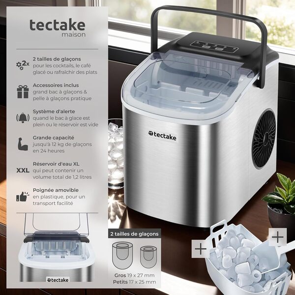tectake® Machine à glaçons Silencieuse Appareil à glacons, 9 glaçons par cycle, env. 6-13 minutes, Écran tactile, avec Cuillère à glace, Ice Maker Machine a glacons Appareil cuisine Maison