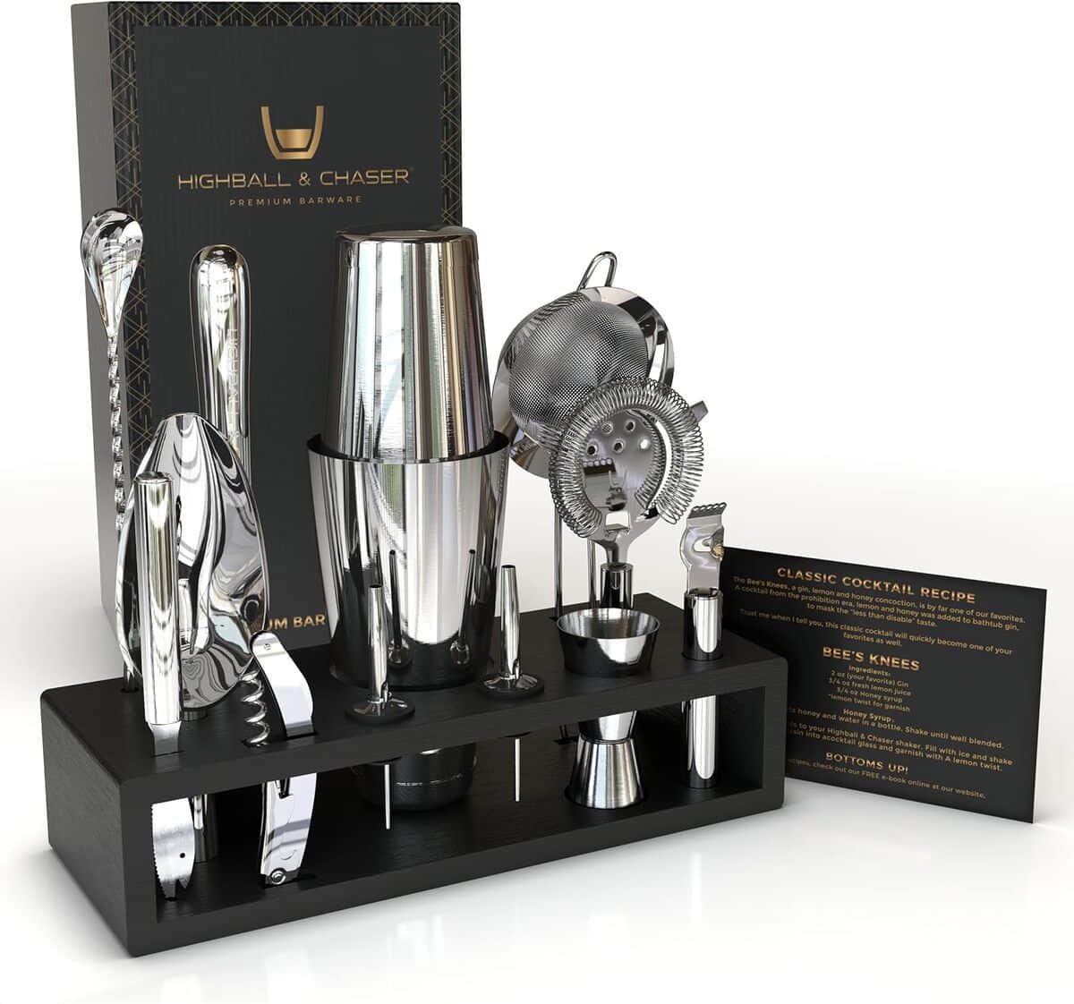 Test du kit de barman Highball & Chaser : ensemble shaker à cocktail avec support noir