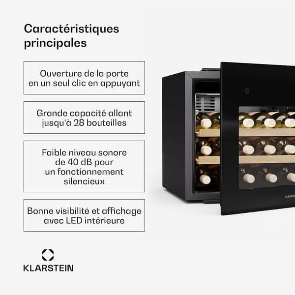 Klarstein Rhone 28 Uno Cave à Vin - 28 Bouteilles, 1 Zone, 5-20°C, Éclairage LED, Porte Push-to-Open UV, Silencieux 40 dB, Frigo Vin Noir [Classe énergétique G]