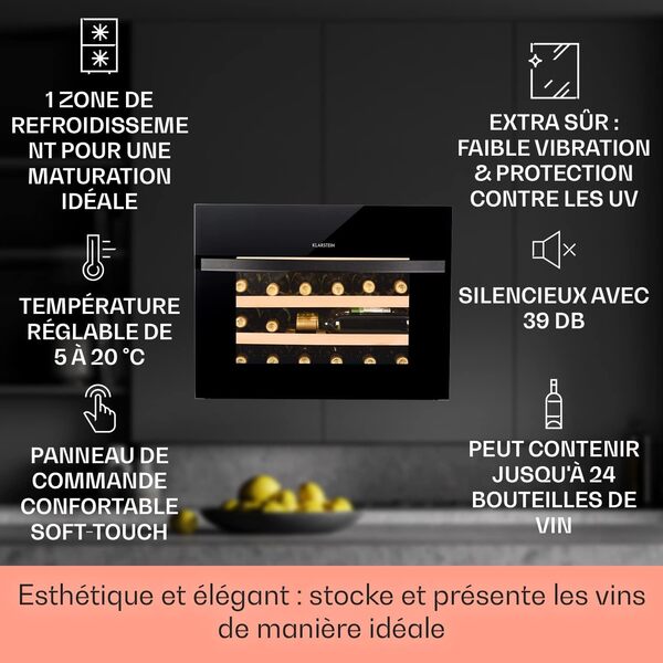 Klarstein Cave a Vin Encastrable, Caves à Vin de Conservation de 51L, Porte Basculante, Cave a Vins à Zone Unique, Bar Int/Ext, Frigo Vin, Cave a Vin de Vieillissement, Cave à Vin 24 Bouteilles [Classe énergétique A+]