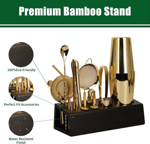 Ensemble shaker à cocktail 15 pièces Boston Shaker Barman Accessoires de bar en acier inoxydable Kit de barman professionnel Outils de bar à domicile avec livret de recettes (doré, support