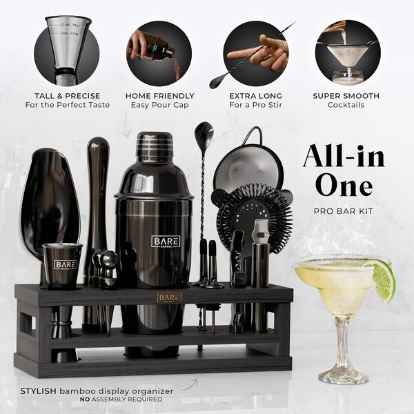 BARE BARREL® Mixology Kit de bar pour barman | Ensemble shaker à cocktail 16 pièces | Outils de mélange pour barman à domicile | Comprend 35 cartes de recettes | Coffret cadeau (shaker cordonnier de