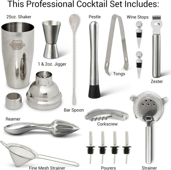 G2S Kit de barman professionnel et shaker à cocktail avec support – 17 pièces en acier inoxydable avec support moderne en bambou pour mixologie barman et mélange de boissons (rouge)