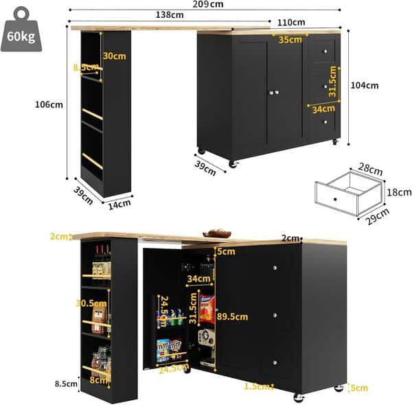 Sweiko Table de Cuisine avec Rouleaux, Bar télescopique Table Moderne avec 3 Tiroirs, Meuble de Rangement pour la Salle à Manger Armoire de Rangement Multifonctionnelle pour Cuisine, Salon (Noir)