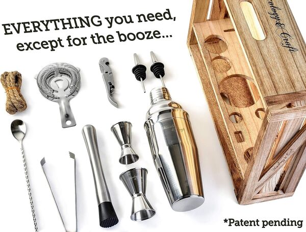 Mixology Bartender kit : Barre de 11 pièces Ustensiles de Cuisine avec support en bois rustique – Perfect Home Appli kit et ensemble de Shaker à cocktail pour une expérience remarquable Drink