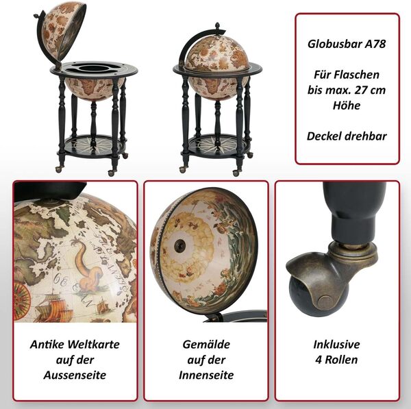 Mendler Globe terrestre, Bar de Salon HWC-A78, minibar Roulant, Bois d'eucalyptus