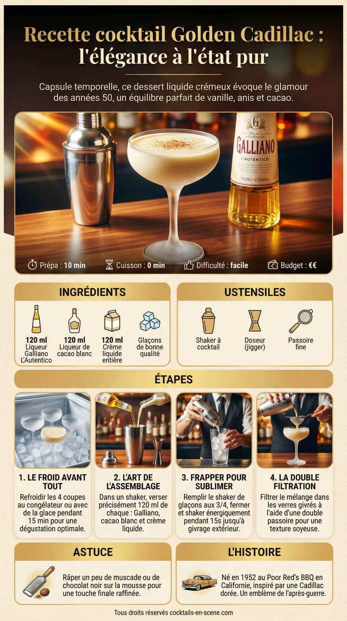 Infographie de la recette Recette cocktail Golden Cadillac : l'élégance à l'état pur Infographie de la recette Recette cocktail Golden Cadillac : l'élégance à l'état pur