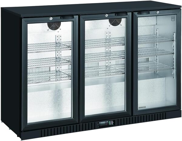 METRO Professional Arrière bar 3 portes GBC3003, aluminium/verre, 135 x 53 x 86,5 cm, 308 L, froid ventilé, 160 W, avec serrure, noir, pour cafés & restaurants, bar, kiosques etc [Classe énergétique D]