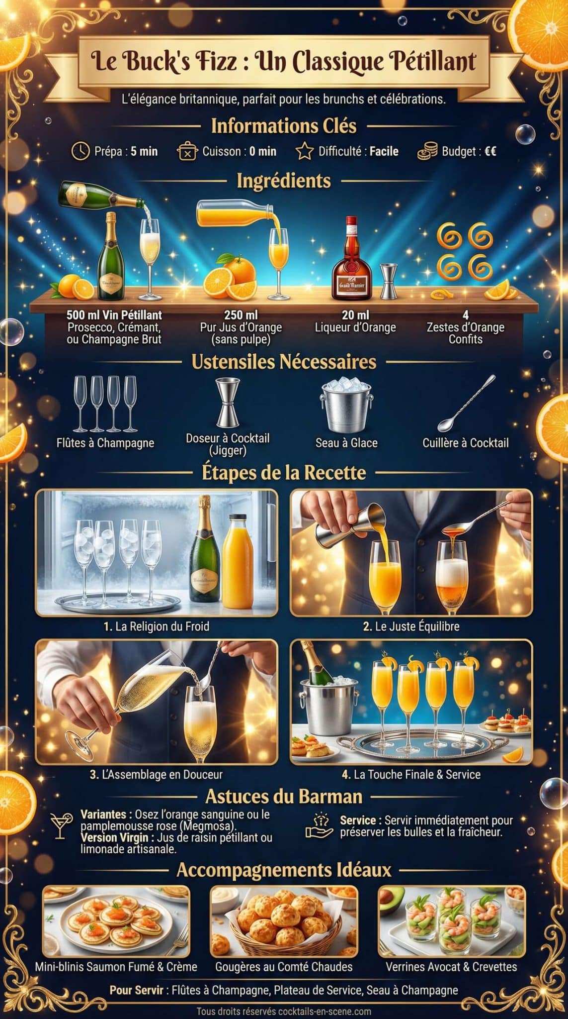 Infographie de la recette Recette du cocktail Buck Fizz : un classique p&eacute;tillant