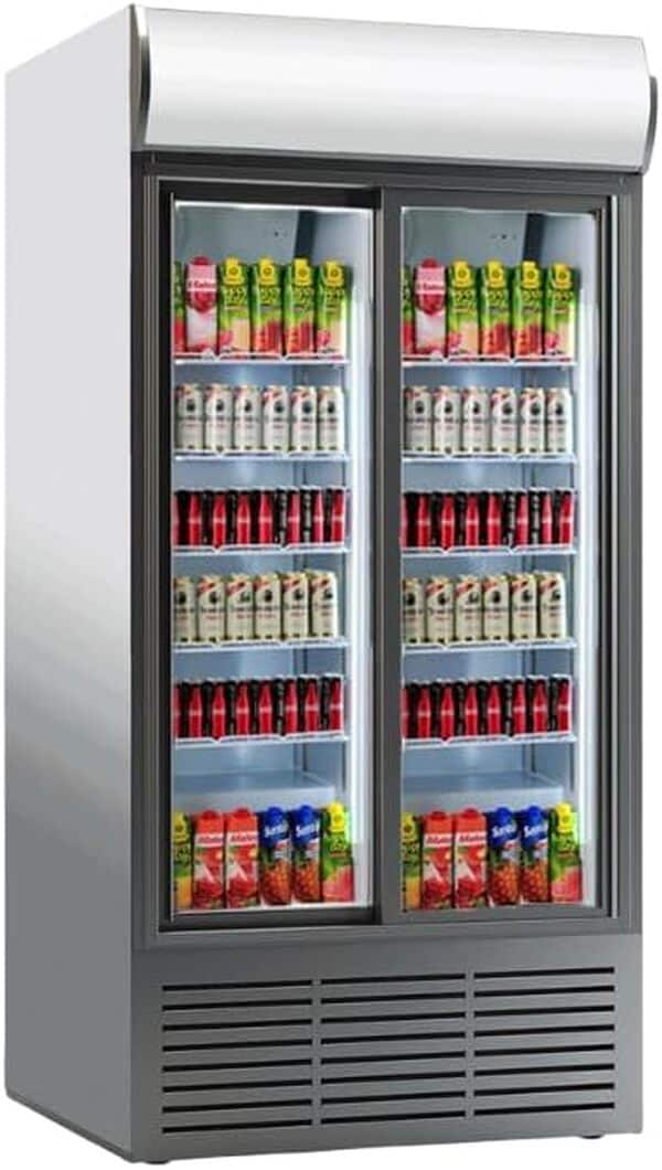 Réfrigerateur à Boissons Commercial 900 L Frigo Vitrine 2 portes coulissantes Température 0-10 ℃ Armoire à Boisson Réfrigérée Étagères Réglables et Caisson Lumineux serrure supermarché café snack bar [Classe énergétique F]