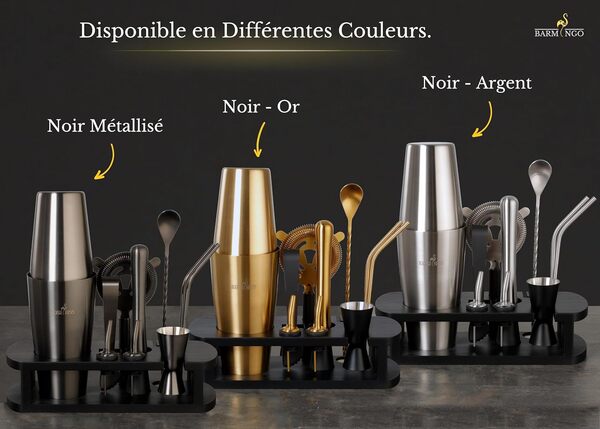 Boston Shaker Cocktail Kit | 11 Pièces, Volume de 825 ML, Noir - Argent | Shaker Cocktail INOX avec Support et Accessoires de Bar | Set Barman Cocktail Shaker | Kit Cocktail Professionnel