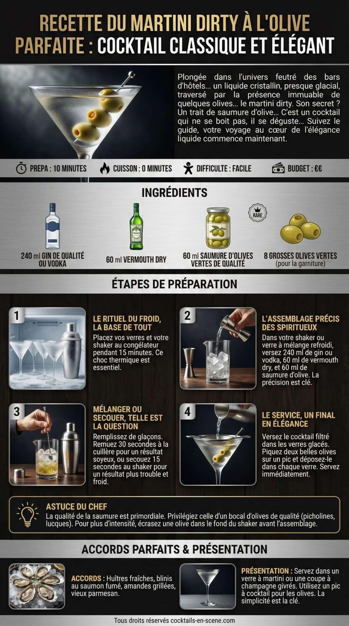 Fiche recette Recette du martini dirty &agrave; l'olive parfaite : cocktail classique et &eacute;l&eacute;gant