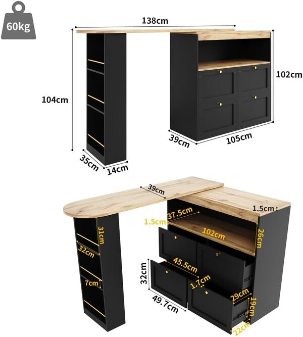 Table de Bar pivotante à 360°, 105 x 39 x 102 cm, avec 4 tiroirs et étagères Ouvertes, pour Salle à Manger et Salon, Noir