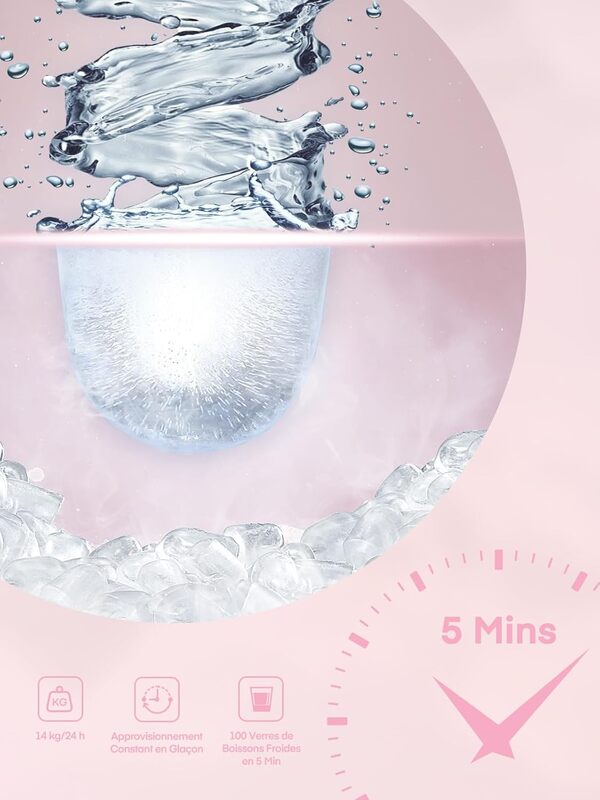 FOHERE Machine à Glaçons, 14kg en 24h, Glaçons en 5 Minutes, avec 2 Tailles de Glaçons, Autonettoyante, Ice Maker sur Comptoir avec Poignée, pour la Maison/Cuisine/Camping/Bar (Rose)