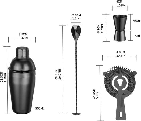 ELEGANTZ Ensemble shaker à cocktail de luxe - 4 pièces - Kit de barman avec shaker, passoire, doseur et cuillère à mélanger - Outils de bar à cocktail en acier inoxydable de qualité supérieure pour un