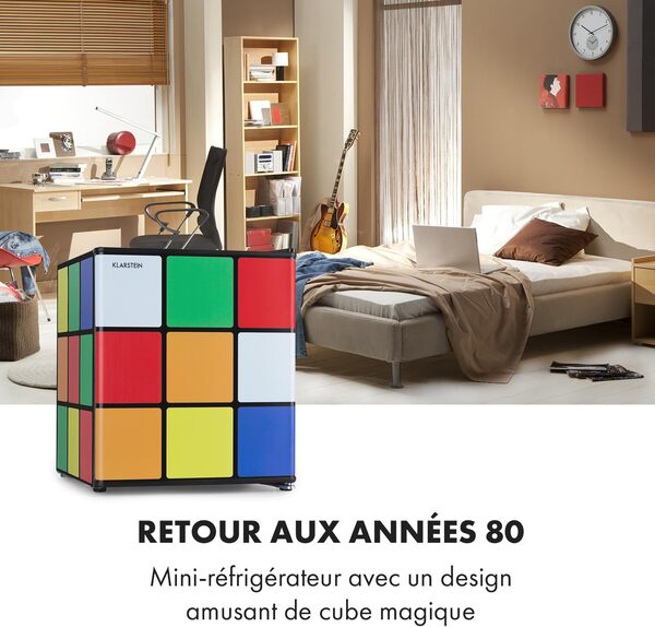 Klarstein Solve - Mini-réfrigérateur, minibar, système de refroidissement thermoélectrique, capacité de 48 litres, bouton de réglage mécanique, refroidissement : 0 à 10 °C, noir/coloré [Classe énergétique D]