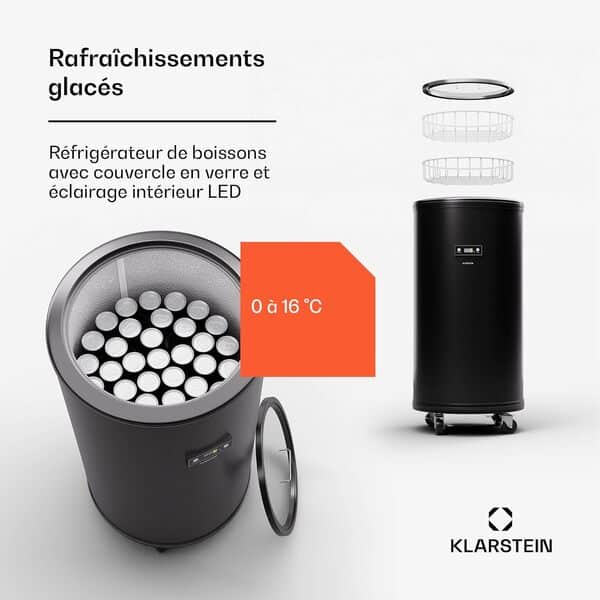 Klarstein Beersafe L Réfrigérateur avec affichage LED en acier inoxydable pour intérieur/extérieur 70 l avec vue à 360° 0-16 °C [Classe énergétique F]