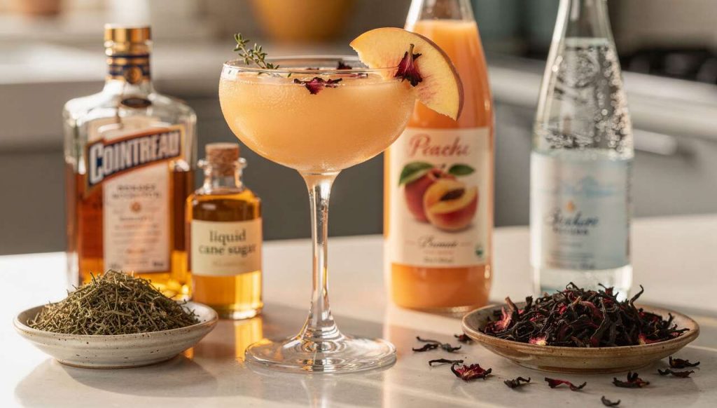 Recette cocktail : pêche angevine parfaite avec Cointreau, pêche et thym