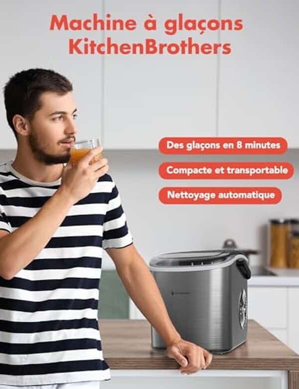 Découvrez la machine à glaçons professionnelle portable KitchenBrothers, produisant 12 kg de glaçons en 24h. Transformez vos événements grâce à cet appareil compact et puissant.