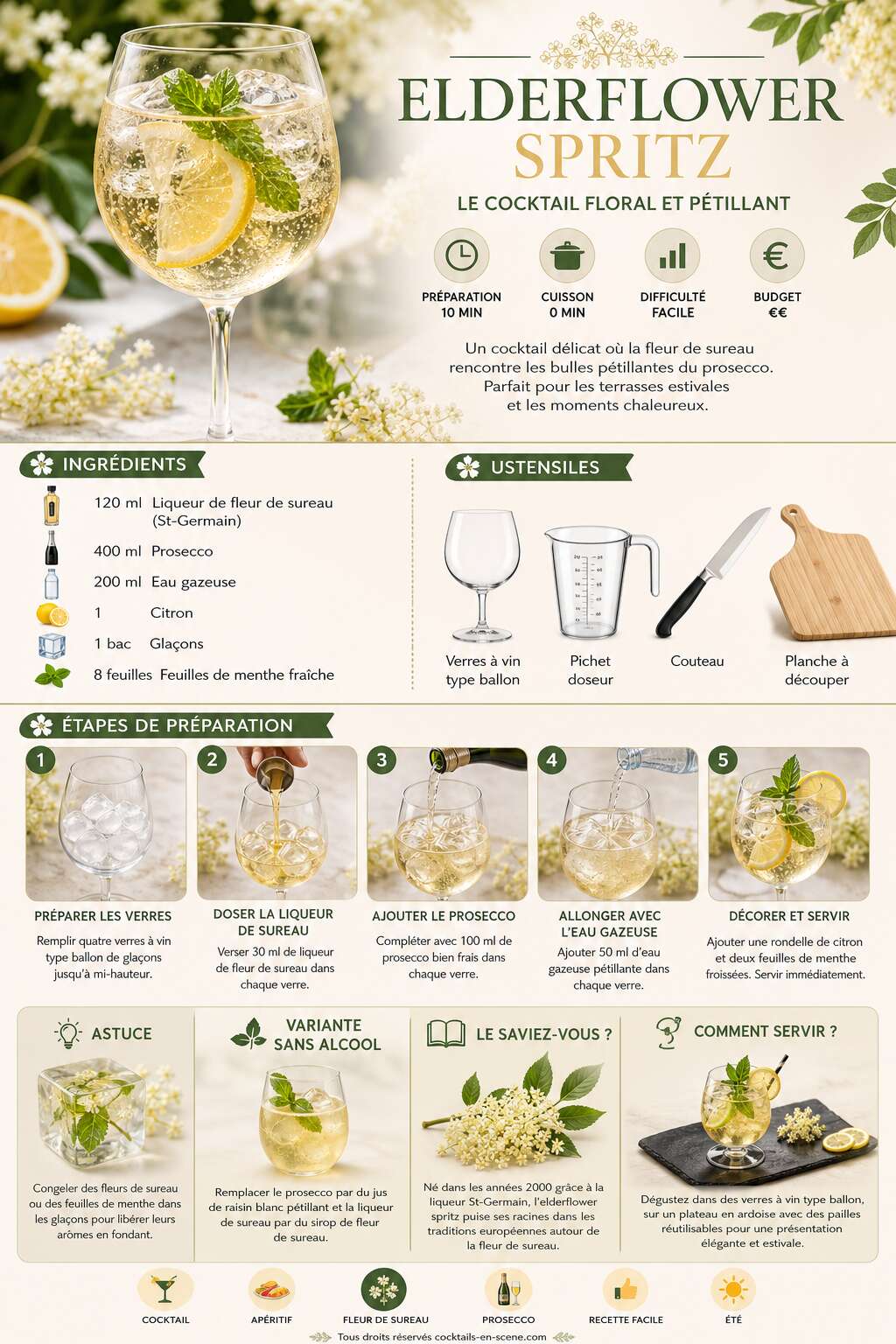 Fiche recette Recette de l'elderflower spritz : le cocktail floral et p&eacute;tillant