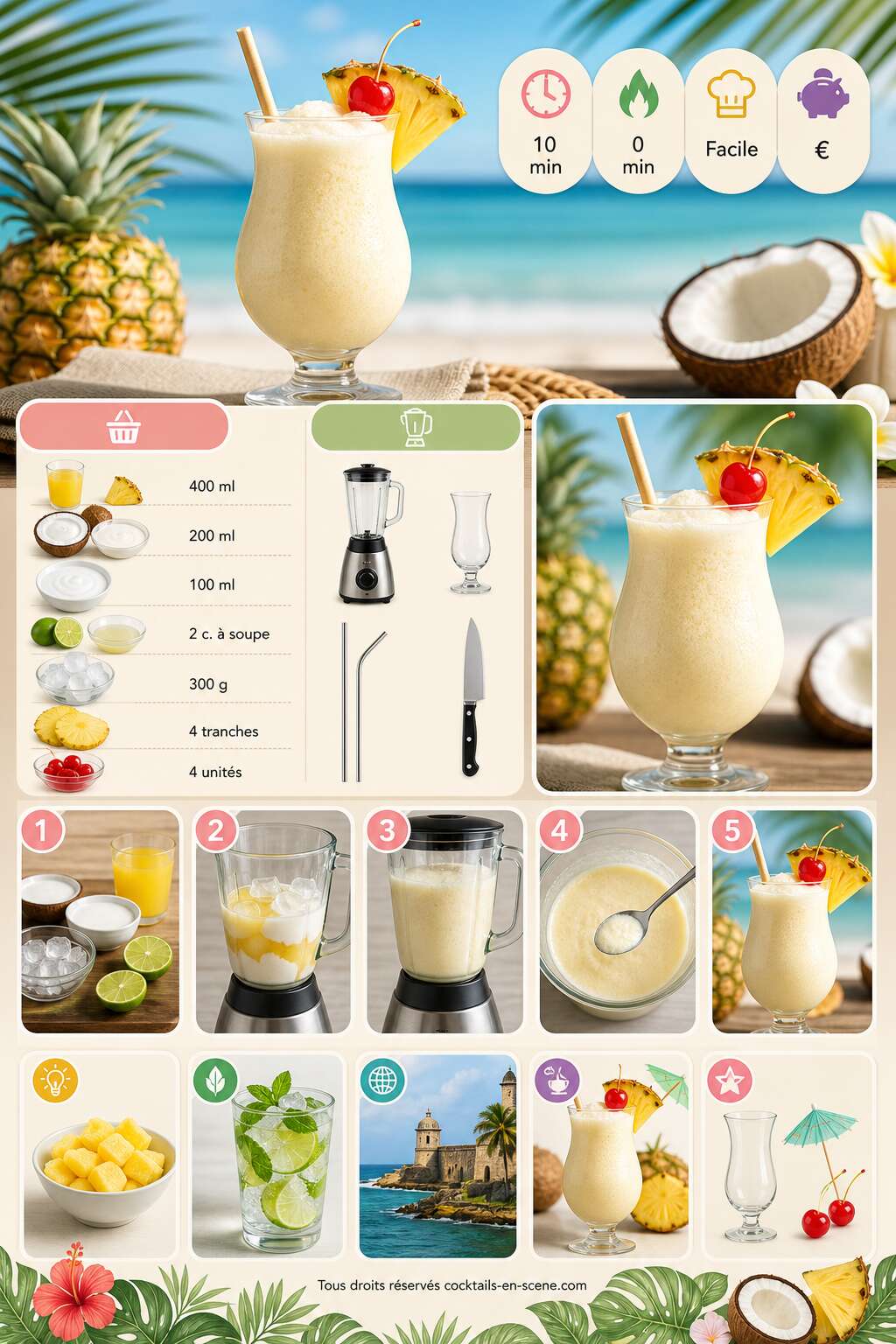 Fiche recette Recette de Pi&ntilde;a Colada sans alcool : le cocktail virgin facile et rafra&icirc;chissant