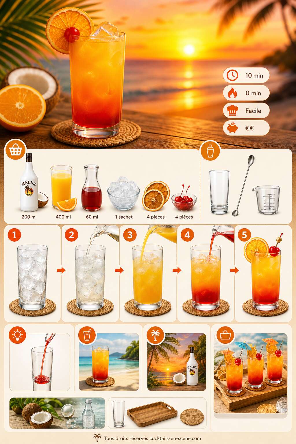 Fiche recette Recette du Malibu sunrise : le cocktail tropical facile &agrave; r&eacute;aliser