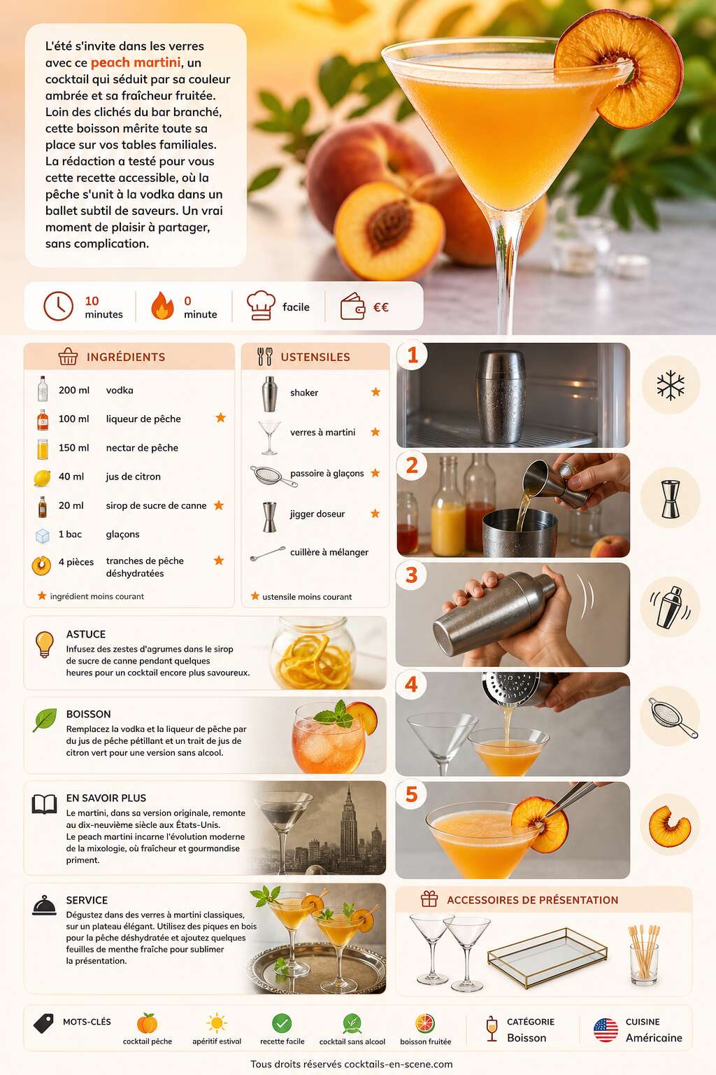Fiche recette Recette du Peach Martini : le cocktail &agrave; la p&ecirc;che irr&eacute;sistible
