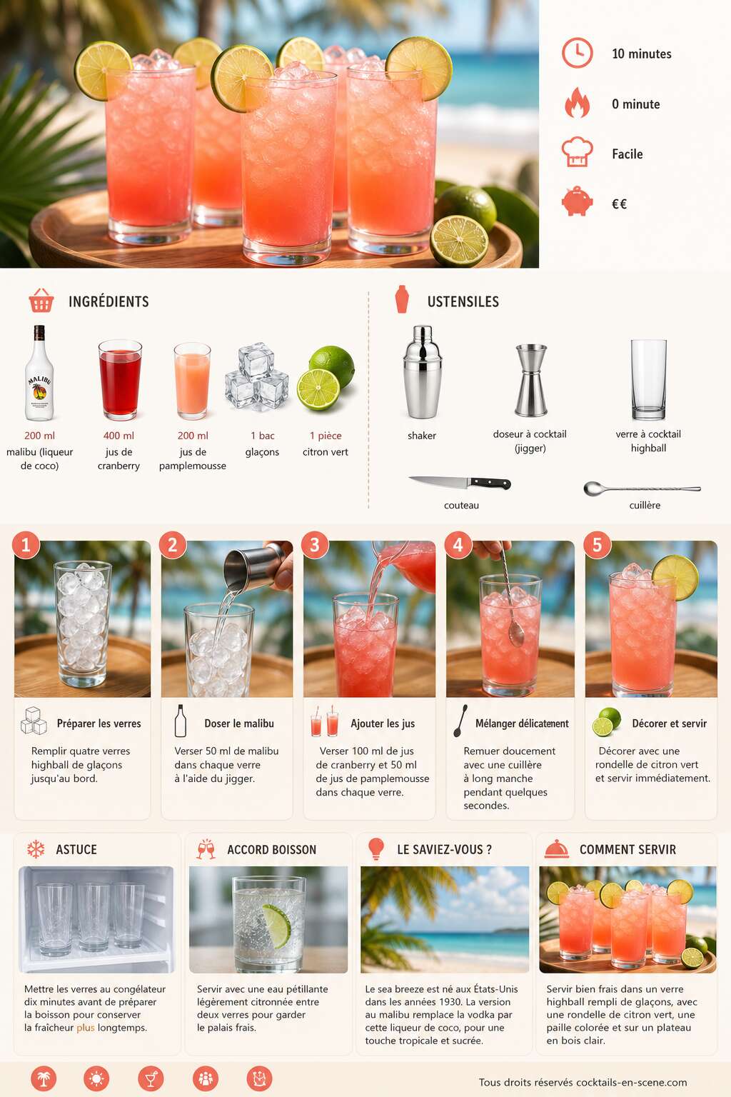 Fiche recette Recette du cocktail Malibu sea breeze