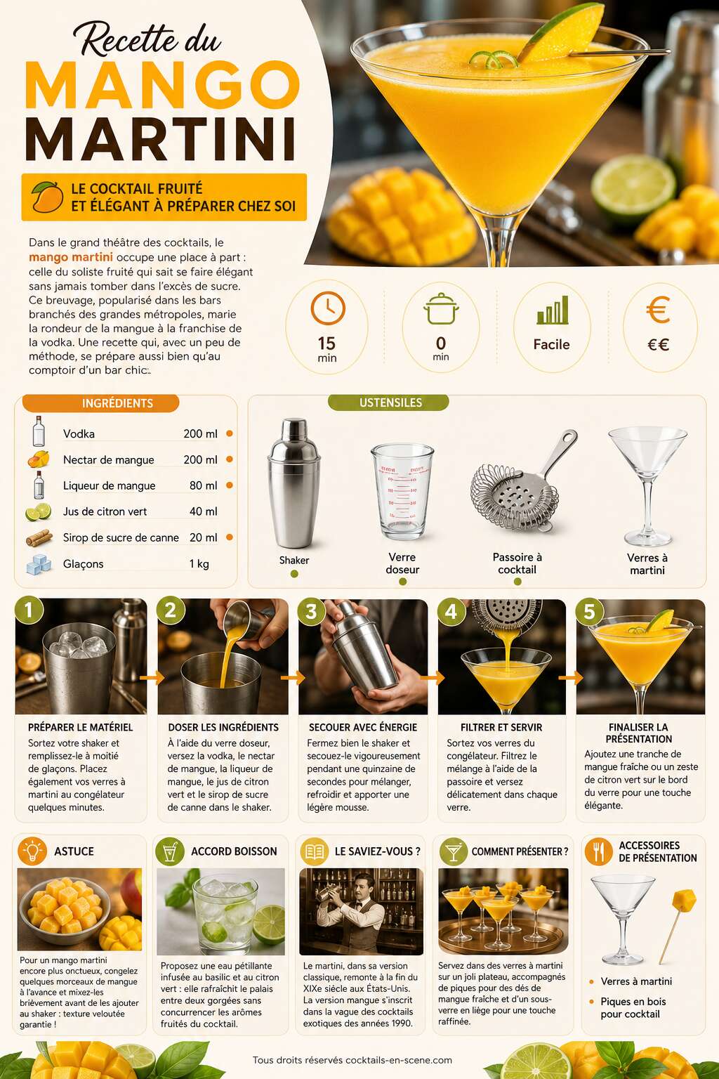 Fiche recette Recette du mango martini : le cocktail fruité et élégant à préparer chez soi Fiche recette Recette du mango martini : le cocktail fruité et élégant à préparer chez soi