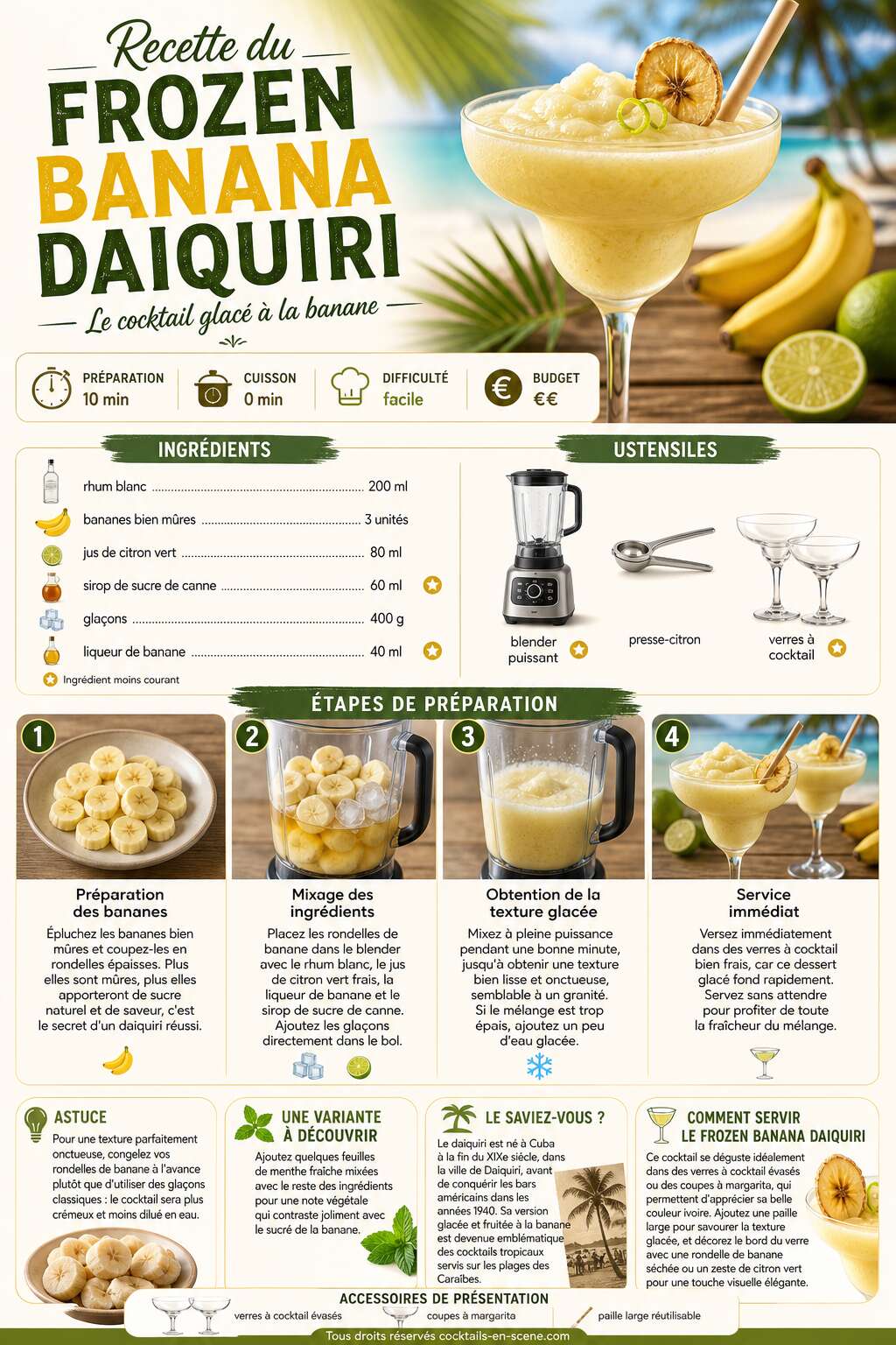 Fiche recette Recette du frozen banana daiquiri : le cocktail glac&eacute; &agrave; la banane