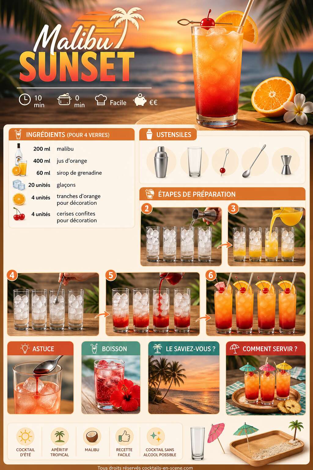 Fiche recette Recette du cocktail Malibu sunset Fiche recette Recette du cocktail Malibu sunset