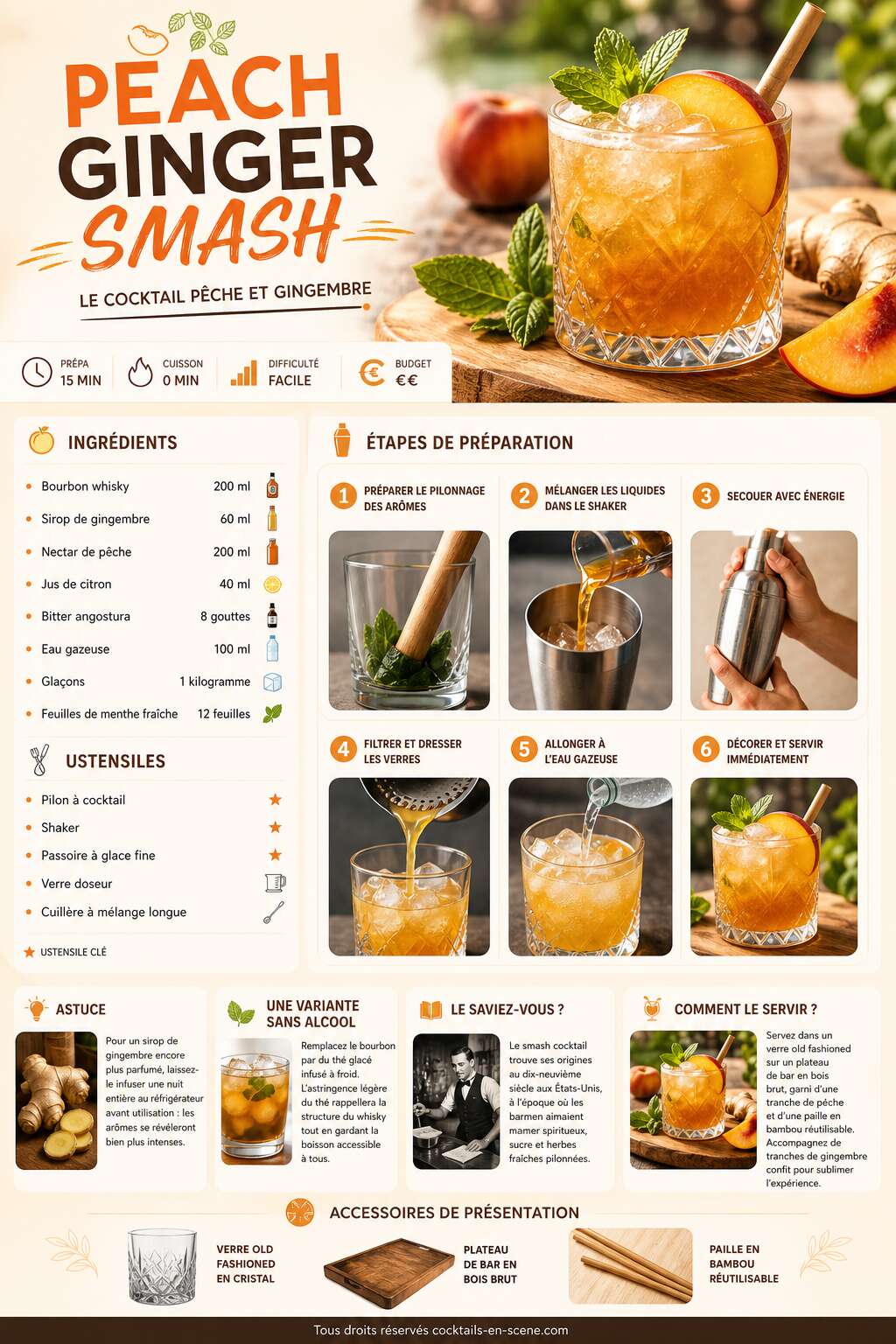 Fiche recette Recette du Peach Ginger Smash : le cocktail pêche et gingembre Fiche recette Recette du Peach Ginger Smash : le cocktail pêche et gingembre