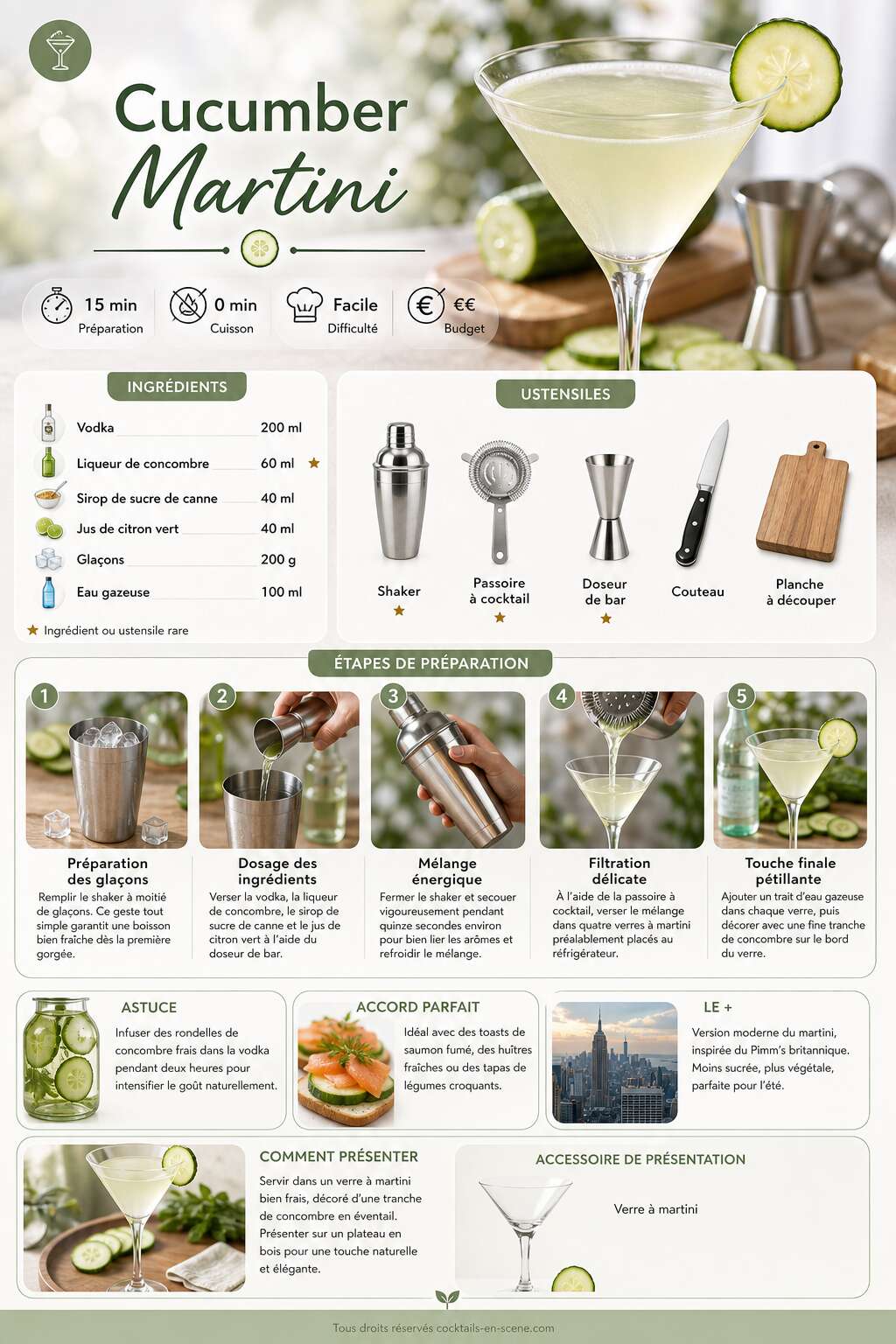 Fiche recette Recette du Cucumber Martini : le cocktail frais au concombre Fiche recette Recette du Cucumber Martini : le cocktail frais au concombre