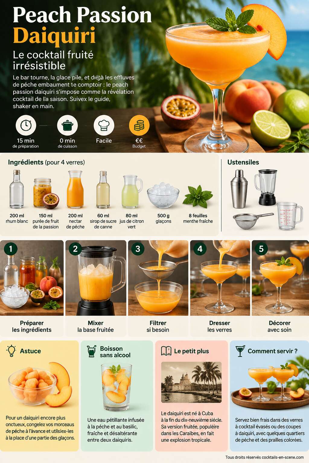Fiche recette Recette du Peach Passion Daiquiri : le cocktail fruité irrésistible Fiche recette Recette du Peach Passion Daiquiri : le cocktail fruité irrésistible