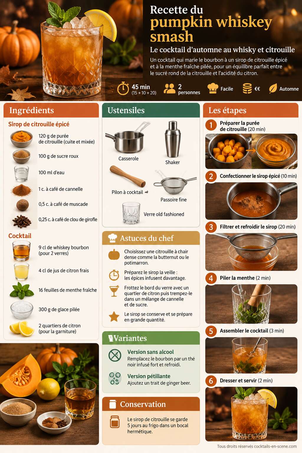 Fiche recette Recette du pumpkin whiskey smash : le cocktail d'automne au whisky et citrouille