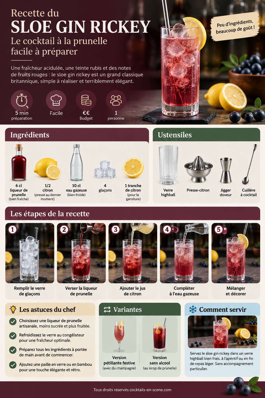 Fiche recette Recette du sloe gin rickey : le cocktail &agrave; la prunelle facile &agrave; pr&eacute;parer