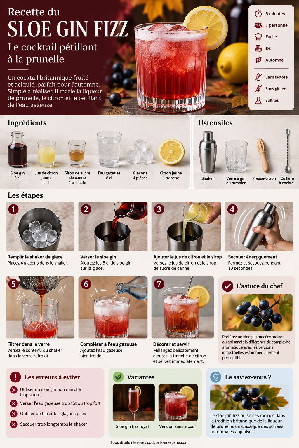 Fiche recette Recette du sloe gin fizz : le cocktail pétillant à la prunelle Fiche recette Recette du sloe gin fizz : le cocktail pétillant à la prunelle